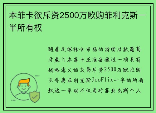 本菲卡欲斥资2500万欧购菲利克斯一半所有权