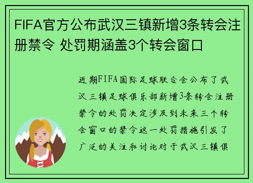 FIFA官方公布武汉三镇新增3条转会注册禁令 处罚期涵盖3个转会窗口