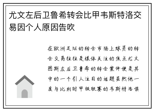 尤文左后卫鲁希转会比甲韦斯特洛交易因个人原因告吹
